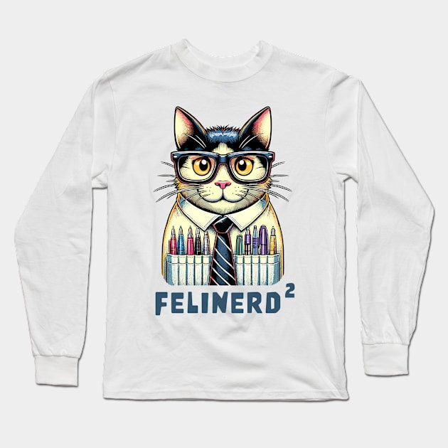 Felinerd Squared, Hipster Cat T-Shirt, Feline Nerd with Glasses Graphic Tee, Funny Cat Lover Gift, a square cat squared Long Sleeve T-Shirt by Cat In Orbit ®